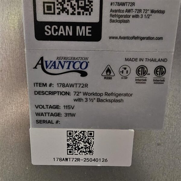 Scratch and Dent Avantco AWT-72R 72" Worktop Refrigerator with 3 1/2" Backsplash