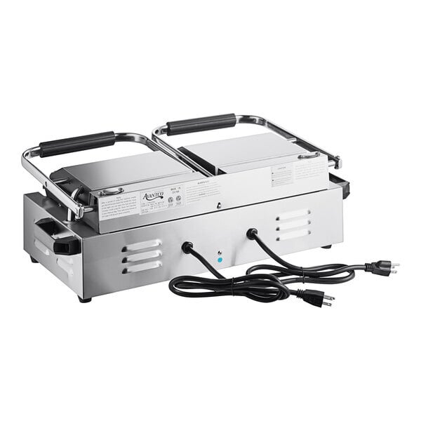Scratch and Dent Avantco PG400GS Commercial Dual Panini Sandwich Grill with Grooved Top and Smooth Bottom Plates, and 19 5/8" x 9 1/8" Cooking Surface - 120V, 3500W