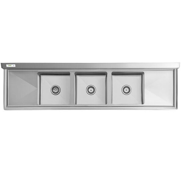 Scratch and Dent Regency 79" 16-Gauge Stainless Steel Three Compartment Commercial Sink with Stainless Steel Legs, Cross Bracing, and 2 Drainboards - 15" x 15" x 12" Bowls