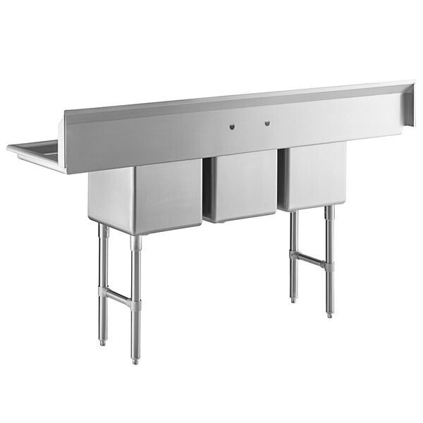 Scratch and Dent Regency 79" 16-Gauge Stainless Steel Three Compartment Commercial Sink with Stainless Steel Legs, Cross Bracing, and 2 Drainboards - 15" x 15" x 12" Bowls