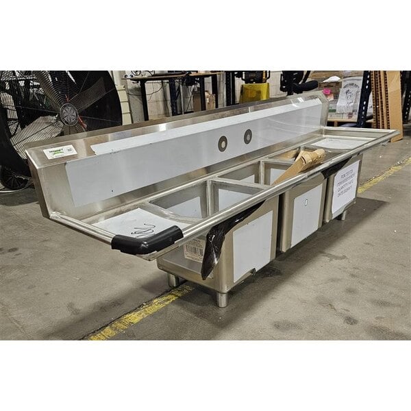 Scratch and Dent Regency 79" 16-Gauge Stainless Steel Three Compartment Commercial Sink with Stainless Steel Legs, Cross Bracing, and 2 Drainboards - 15" x 15" x 12" Bowls