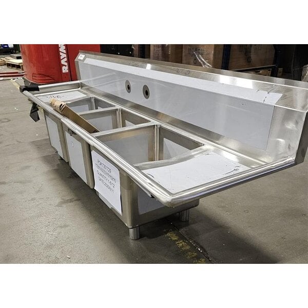 Scratch and Dent Regency 79" 16-Gauge Stainless Steel Three Compartment Commercial Sink with Stainless Steel Legs, Cross Bracing, and 2 Drainboards - 15" x 15" x 12" Bowls