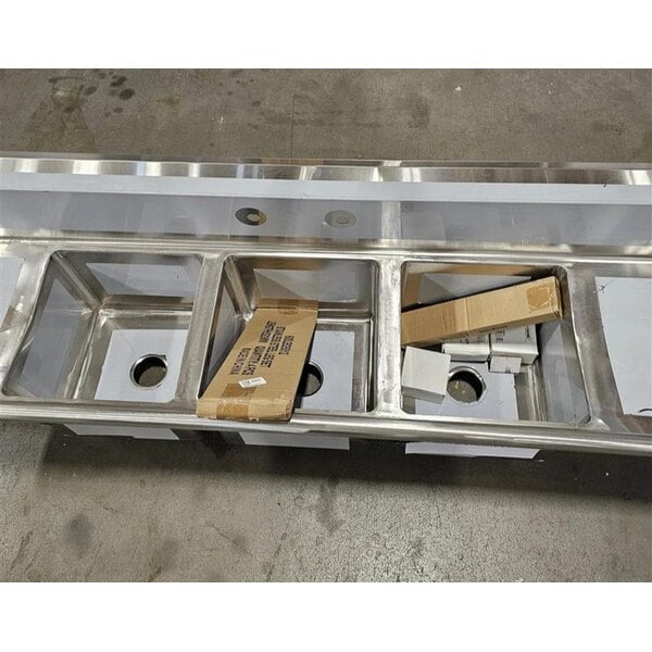 Scratch and Dent Regency 79" 16-Gauge Stainless Steel Three Compartment Commercial Sink with Stainless Steel Legs, Cross Bracing, and 2 Drainboards - 15" x 15" x 12" Bowls