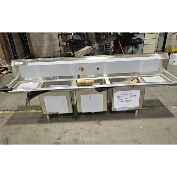 Scratch and Dent Regency 79" 16-Gauge Stainless Steel Three Compartment Commercial Sink with Stainless Steel Legs, Cross Bracing, and 2 Drainboards - 15" x 15" x 12" Bowls