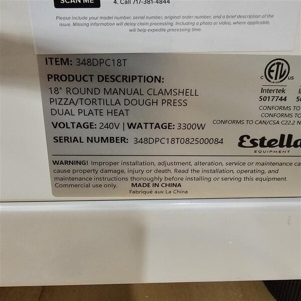 Scratch and Dent Estella DPC18T 18" Dual-Heat Manual Clamshell Pizza / Tortilla Dough Press - 240V, 3300W
