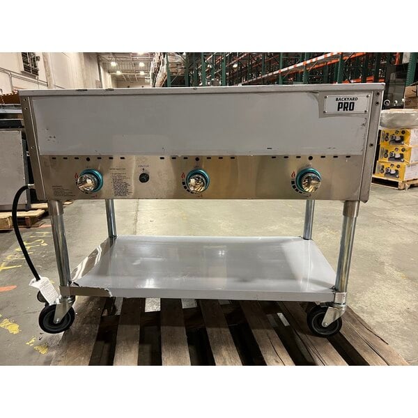 Scratch and Dent Backyard Pro Three Pan Open Well Mobile Liquid Propane Outdoor Steam Table with Undershelf - 10,500 BTU