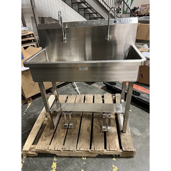Scratch and Dent Sani-Lav 54FSL-0.5 40" x 20" Floor-Mounted Multi-Station Hands-Free Sink with (2) Double Foot-Operated 0.5 GPM Faucets