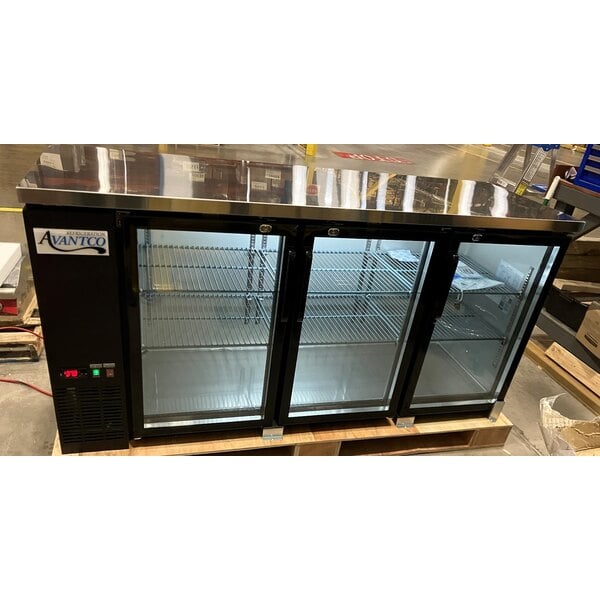 Scratch and Dent Avantco UBB-72G-HC 73" Black Counter Height Narrow Glass Door Back Bar Refrigerator with LED Lighting
