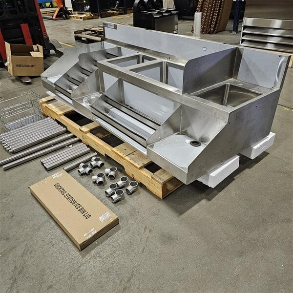 Scratch and Dent Regency Spec Line 72" Stainless Steel Combination Cocktail Station with Liquor Display Rack and Drainboard