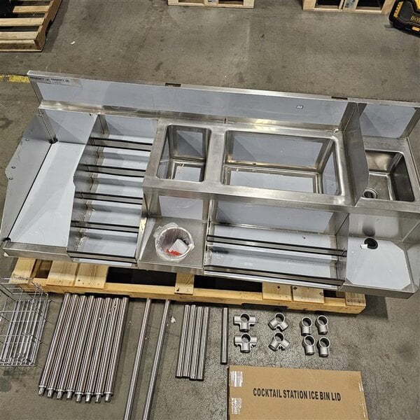 Scratch and Dent Regency Spec Line 72" Stainless Steel Combination Cocktail Station with Liquor Display Rack and Drainboard