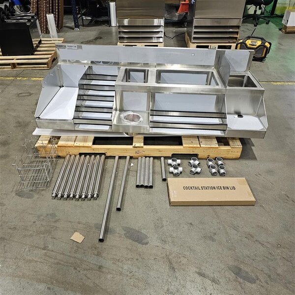 Scratch and Dent Regency Spec Line 72" Stainless Steel Combination Cocktail Station with Liquor Display Rack and Drainboard