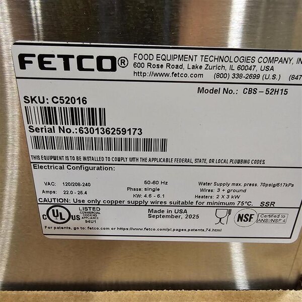 Scratch and Dent Fetco CBS-52H-15 C52016 Stainless Steel Twin Automatic Coffee Brewer - 120/208-240V