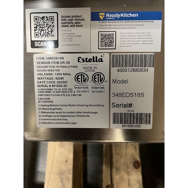 Scratch and Dent Estella EDS18S 18" Countertop One Stage Dough Sheeter - 120V, 1/2 HP