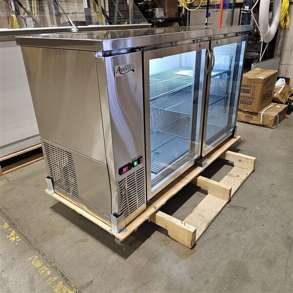 Scratch and Dent Avantco UBB-60G-HC-S 60" Stainless Steel Counter Height Narrow Glass Door Back Bar Refrigerator with LED Lighting