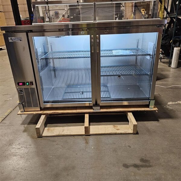 Scratch and Dent Avantco UBB-60G-HC-S 60" Stainless Steel Counter Height Narrow Glass Door Back Bar Refrigerator with LED Lighting