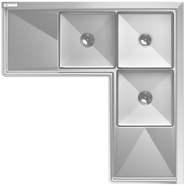 Scratch and Dent Steelton 57" 18-Gauge Stainless Steel 3-Compartment Commercial Corner Sink with 2 Drainboards - 18" x 18" x 12" Bowls