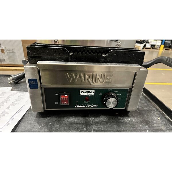 Scratch and Dent Waring WPG150B Panini Perfetto Grooved Top & Bottom Panini Sandwich Grill - 9 3/4" x 9 1/4" Cooking Surface - 208V, 2392W
