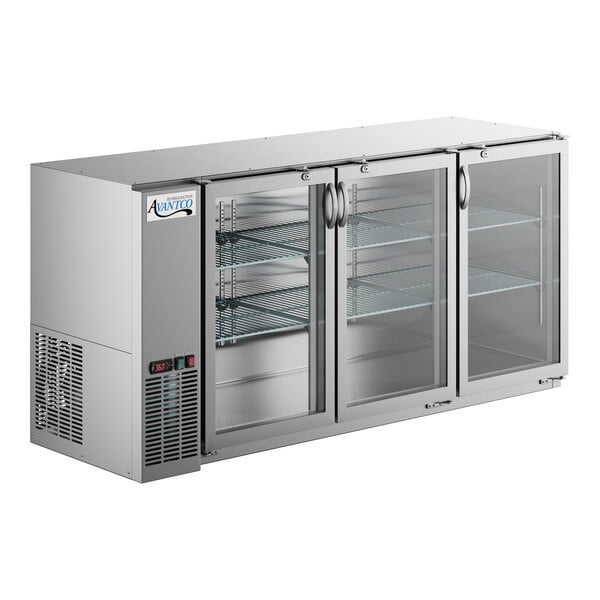 Scratch and Dent Avantco UBB-72-GT-G-S 73" Stainless Steel Underbar Height Narrow Glass Door Back Bar Refrigerator with Galvanized Top and LED Lighting
