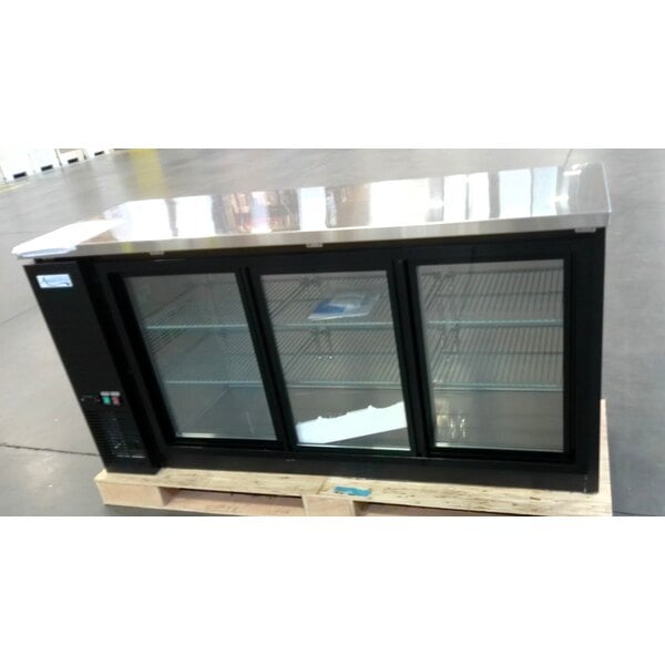 Scratch and Dent Avantco UBB-72S-HC 73" Black Counter Height Narrow Sliding Glass Door Back Bar Refrigerator with LED Lighting