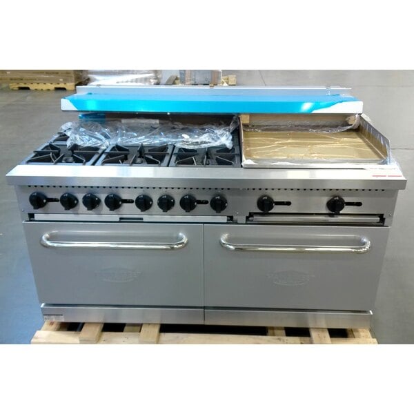 Scratch and Dent MainStreet Equipment E60-G24-L Liquid Propane 6 Burner 60" Range with 24" Griddle and 2 Standard Ovens - 280,000 BTU