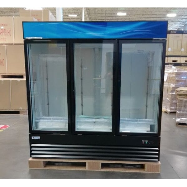 Scratch and Dent Avantco GDC-69-HC 78 1/4" Black Customizable Swing Glass Door Merchandiser Refrigerator with LED Lighting