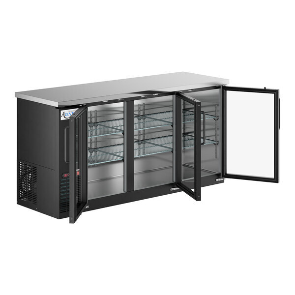 Scratch and Dent Avantco UBB-72G-HC 73" Black Counter Height Narrow Glass Door Back Bar Refrigerator with LED Lighting