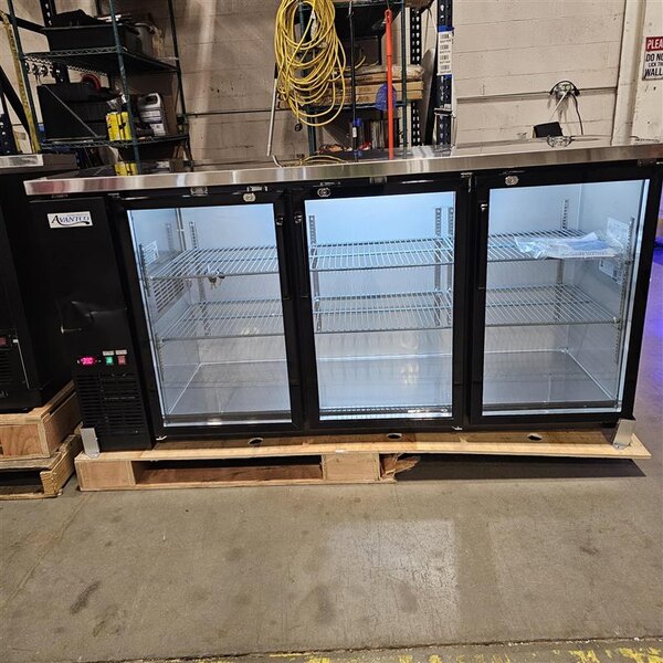 Scratch and Dent Avantco UBB-72G-HC 73" Black Counter Height Narrow Glass Door Back Bar Refrigerator with LED Lighting