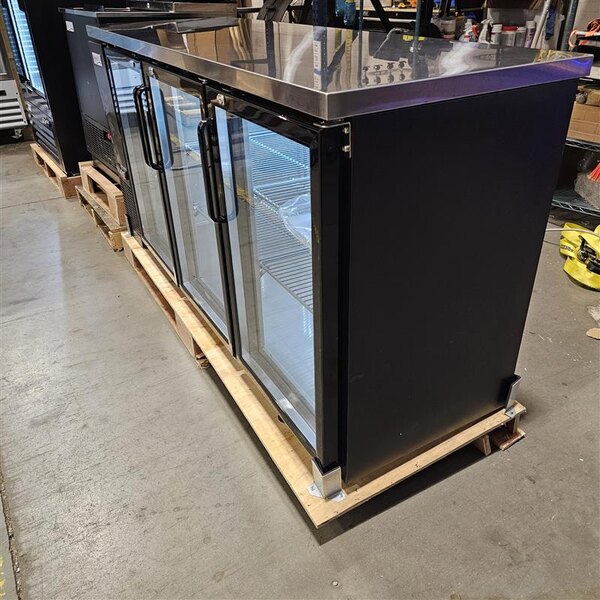 Scratch and Dent Avantco UBB-72G-HC 73" Black Counter Height Narrow Glass Door Back Bar Refrigerator with LED Lighting