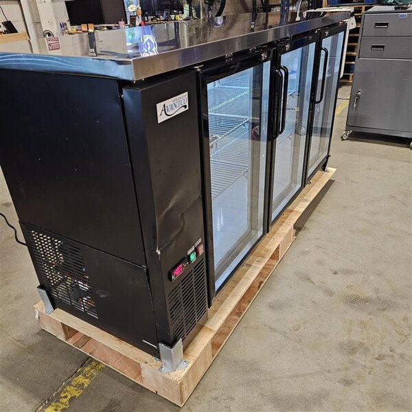 Scratch and Dent Avantco UBB-72G-HC 73" Black Counter Height Narrow Glass Door Back Bar Refrigerator with LED Lighting