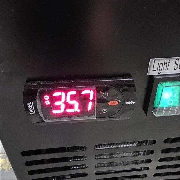 Scratch and Dent Avantco UBB-72G-HC 73" Black Counter Height Narrow Glass Door Back Bar Refrigerator with LED Lighting