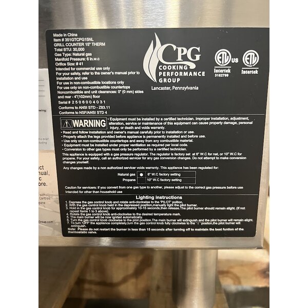 Scratch and Dent Cooking Performance Group GT-CPG-15-NL 15" Gas Countertop Griddle with Flame Failure Protection and Thermostatic Controls - 30,000 BTU