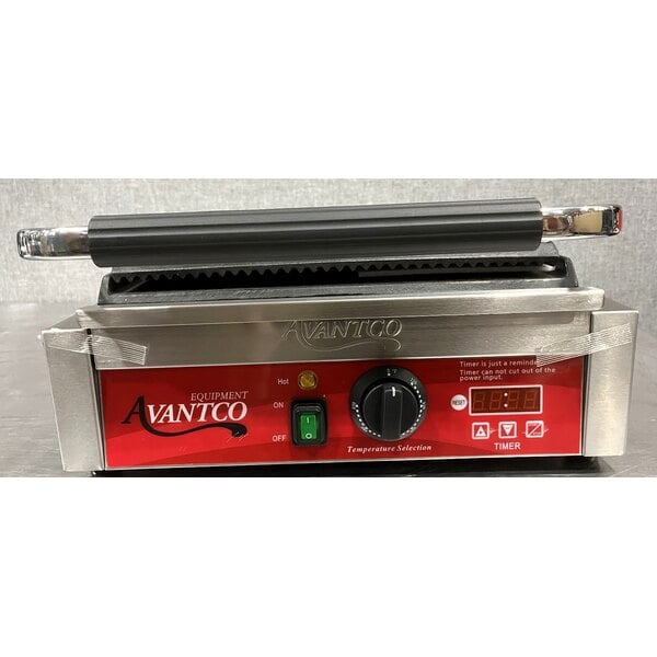 Scratch and Dent Avantco PG200GST Commercial Panini Sandwich Grill with Timer, Grooved Top and Smooth Bottom Plates, and 13 3/8" x 8 3/4" Cooking Surface - 120V, 1750W
