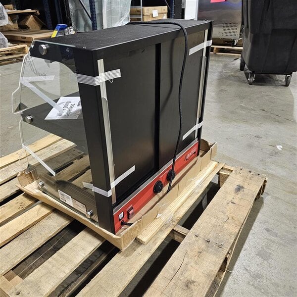 Scratch and Dent Avantco OAM2A 26" Black Countertop Merchandiser with LED Lighting and 2 Shelves - 120V