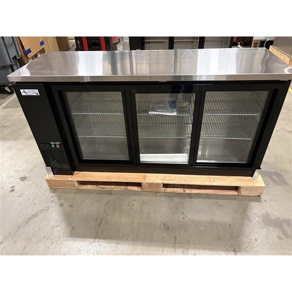 Scratch and Dent Avantco UBB-72S-HC 73" Black Counter Height Narrow Sliding Glass Door Back Bar Refrigerator with LED Lighting