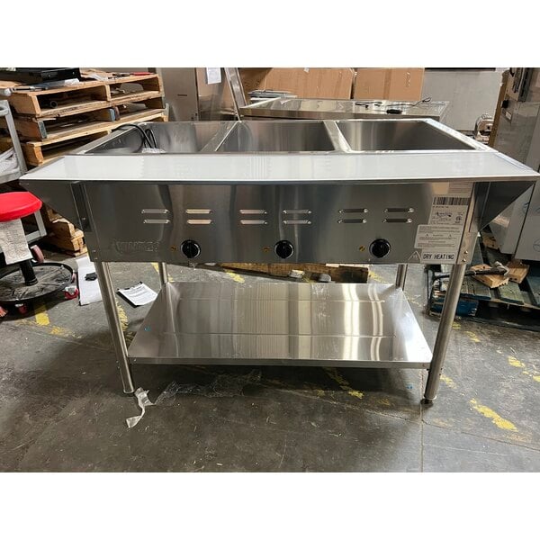 Scratch and Dent Avantco STE-3S Three Pan Open Well Electric Steam Table with Undershelf - 120V, 1500W