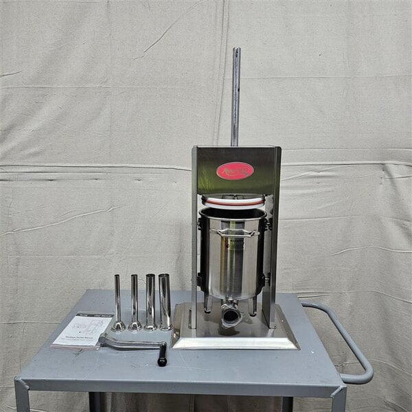 Scratch and Dent Avantco 20 lb. Stainless Steel Vertical Manual Sausage Stuffer with 5/8", 7/8", 1 1/4", and 1 1/2" Stainless Steel Funnels