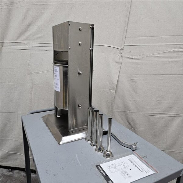 Scratch and Dent Avantco 20 lb. Stainless Steel Vertical Manual Sausage Stuffer with 5/8", 7/8", 1 1/4", and 1 1/2" Stainless Steel Funnels