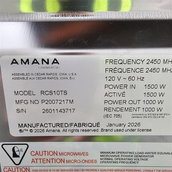 Scratch and Dent Amana RCS10TS Stackable Commercial Microwave with Push Button Controls - 120V, 1000W