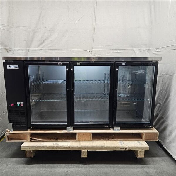 Scratch and Dent Avantco UBB-72G-HC 73" Black Counter Height Narrow Glass Door Back Bar Refrigerator with LED Lighting