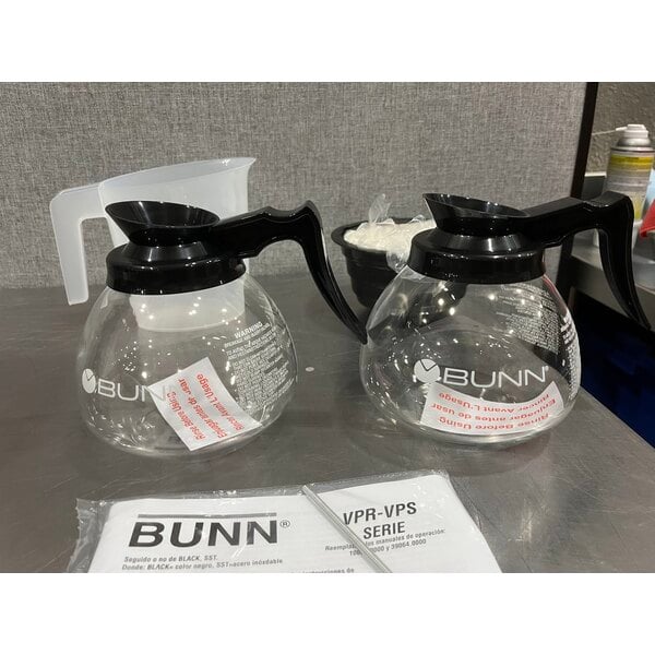 Scratch and Dent Bunn 33200.0015 VPR Black 12 Cup Pourover Coffee Brewer with 1 Upper and 1 Lower Warmer and 2 Glass Decanters - 120V
