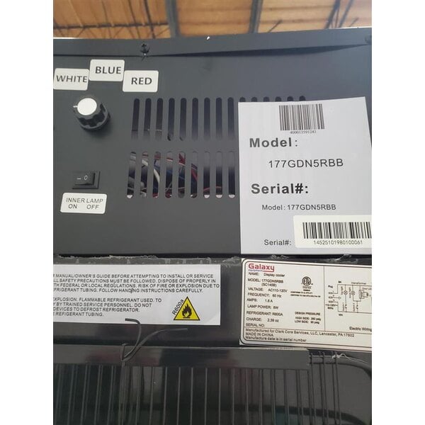 Scratch and Dent Galaxy GDN-5 16 9/16" Black Swing Glass Door Merchandiser Refrigerator with Red, White, and Blue LED Lighting