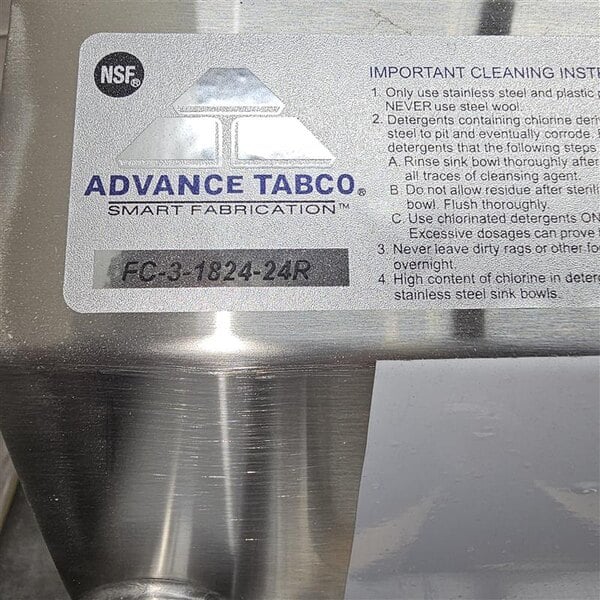 Scratch and Dent Advance Tabco FC-3-1824-24 80 1/2" Fabricated Three Compartment Commercial Sink with 24" Right Drainboard