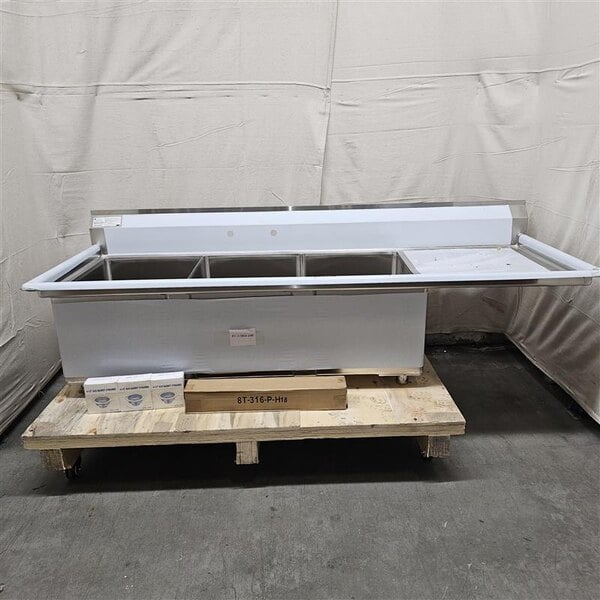 Scratch and Dent Advance Tabco FC-3-1824-24 80 1/2" Fabricated Three Compartment Commercial Sink with 24" Right Drainboard