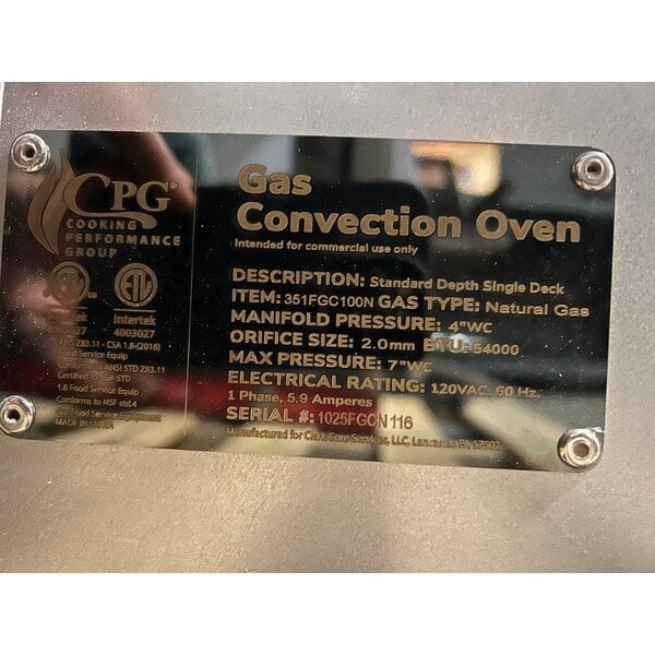 Scratch and Dent Cooking Performance Group FGC-100-N Single Deck Standard Depth Full Size Natural Gas Convection Oven with Legs - 54,000 BTU