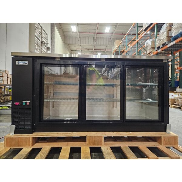 Scratch and Dent Avantco UBB-72S-HC 73" Black Counter Height Narrow Sliding Glass Door Back Bar Refrigerator with LED Lighting