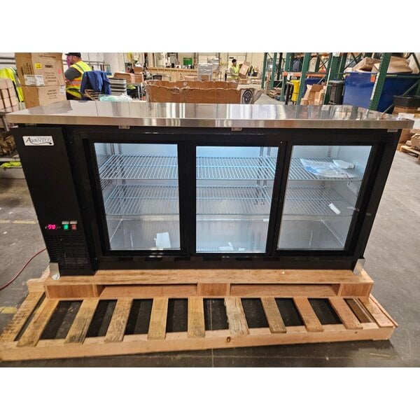 Scratch and Dent Avantco UBB-72S-HC 73" Black Counter Height Narrow Sliding Glass Door Back Bar Refrigerator with LED Lighting