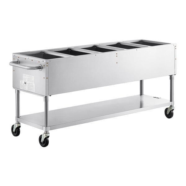Scratch and Dent Backyard Pro Five Pan Open Well Mobile Liquid Propane Outdoor Steam Table with Undershelf - 17,500 BTU