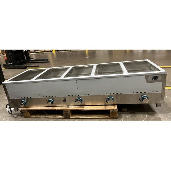 Scratch and Dent Backyard Pro Five Pan Open Well Mobile Liquid Propane Outdoor Steam Table with Undershelf - 17,500 BTU