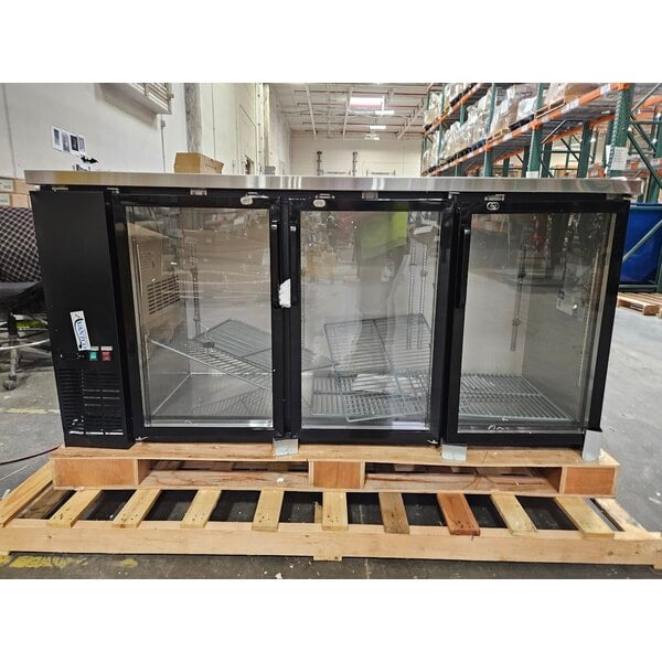 Scratch and Dent Avantco UBB-72G-HC 73" Black Counter Height Narrow Glass Door Back Bar Refrigerator with LED Lighting