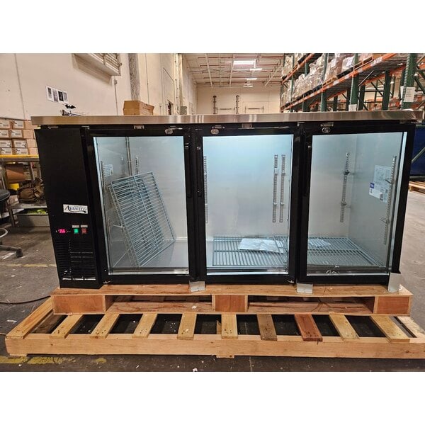 Scratch and Dent Avantco UBB-72G-HC 73" Black Counter Height Narrow Glass Door Back Bar Refrigerator with LED Lighting